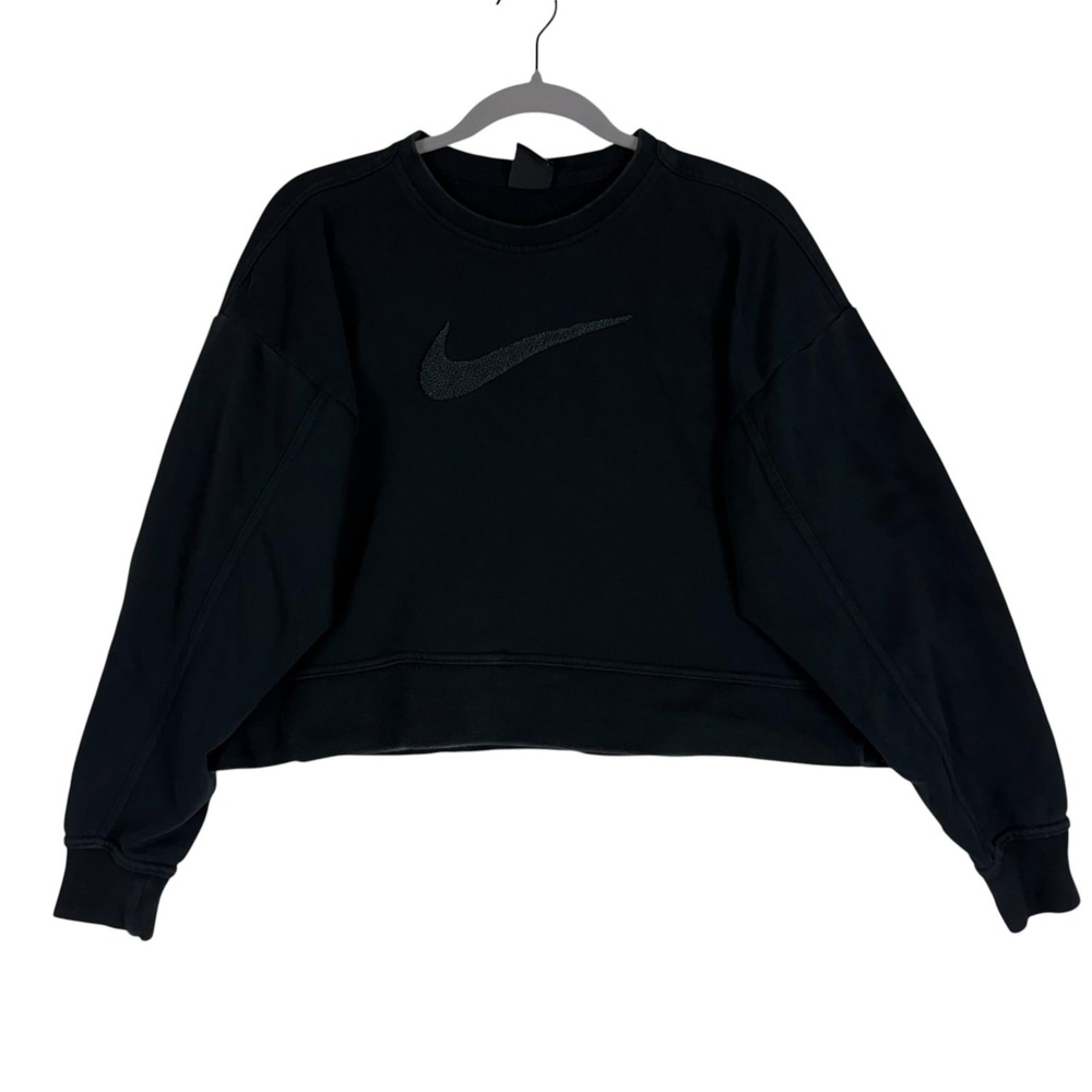 Nike Sweatshirt Womens Small Black Crewneck Cropped Fleece Pullover Logo Raglan